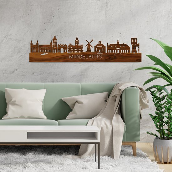 Skyline Middelburg Palissander hout - 80 cm - Woondecoratie - Wanddecoratie - Meer steden beschikbaar - Woonkamer idee - City Art - Steden kunst - Cadeau voor hem - Cadeau voor haar - Jubileum - Trouwerij - WoodWideCities