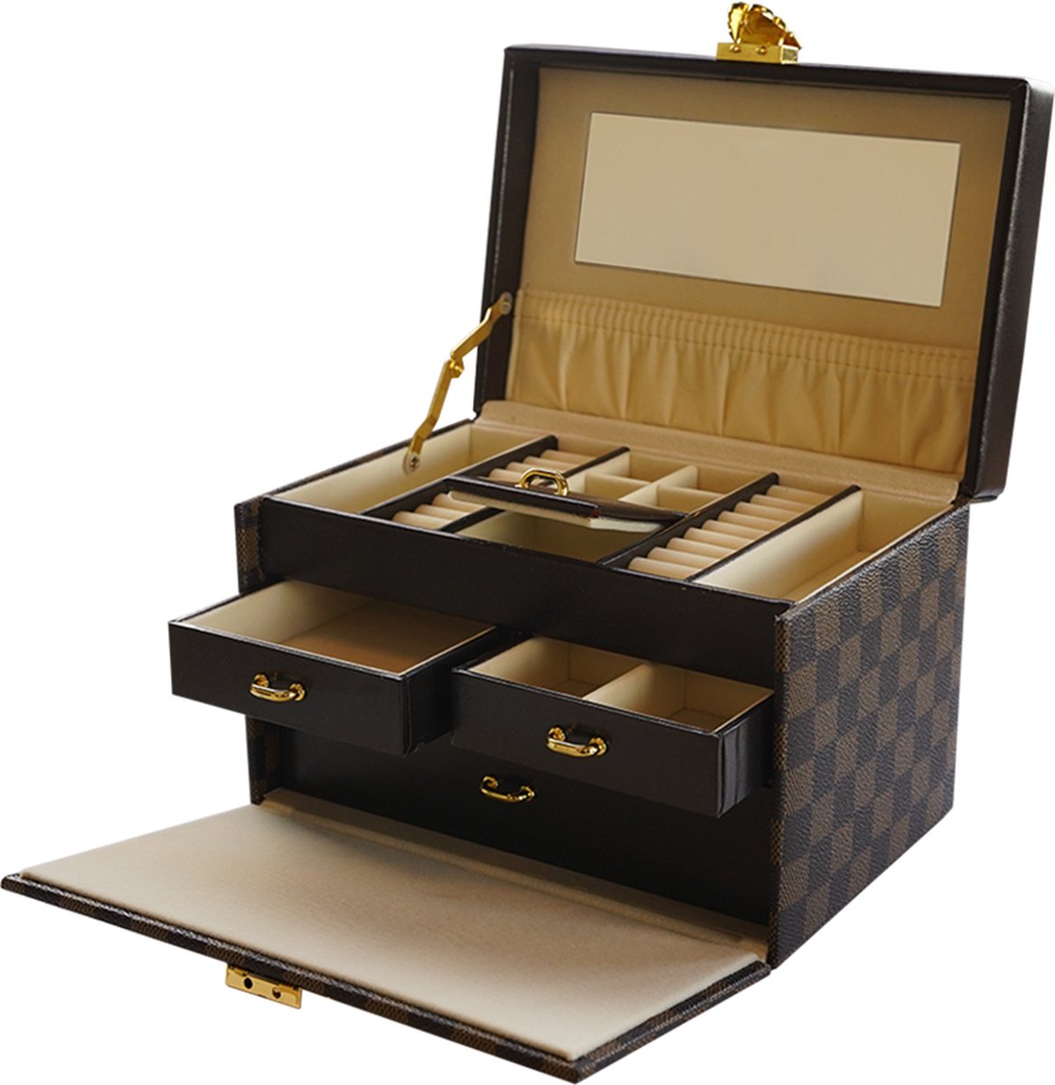 B.I.T. - Sieradendoos - Juwelendoos - Jewelrybox - Opbergbox - Deep Brown - Met slot - Met spiegel - Cadeautje voor haar