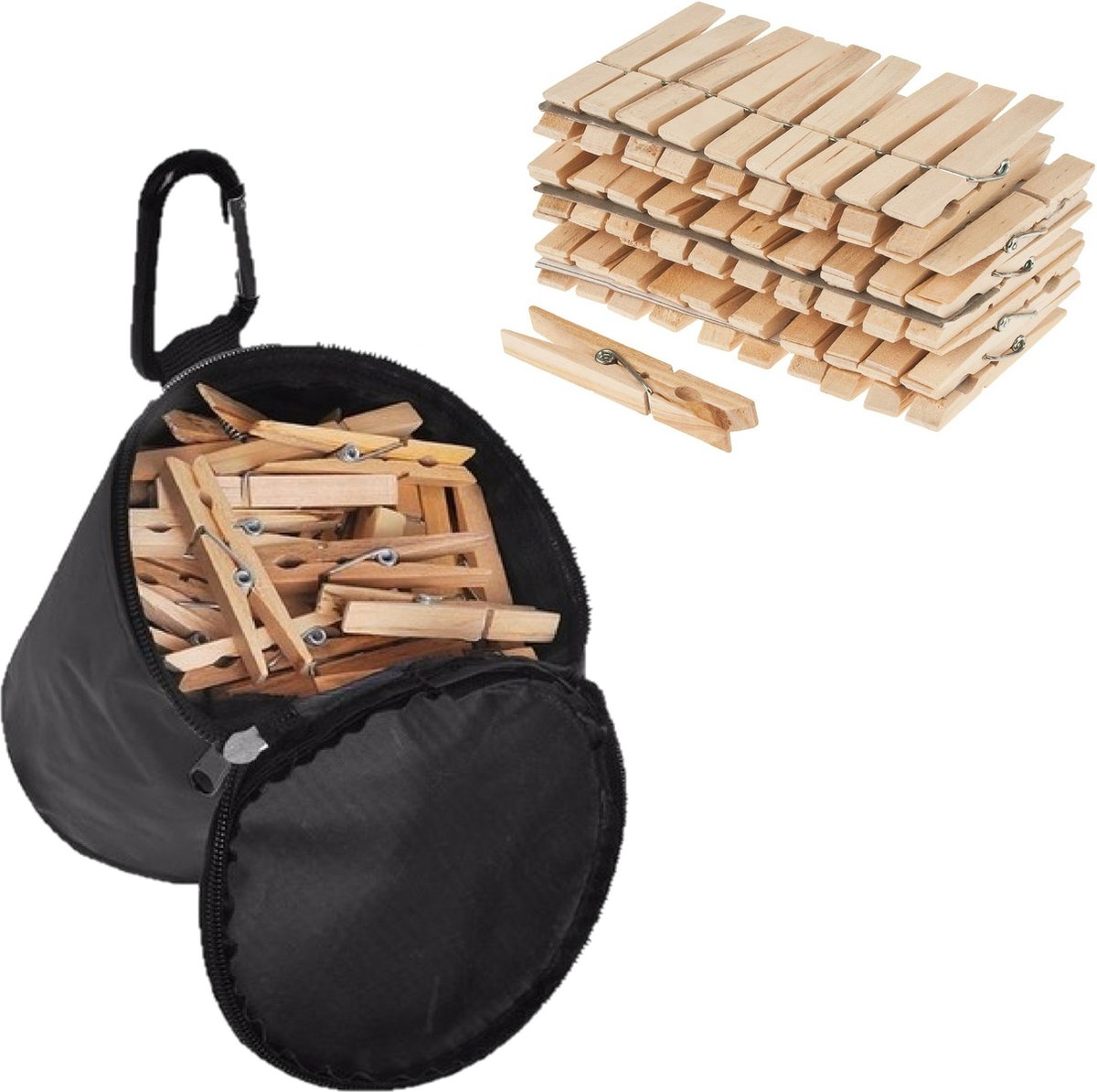 Goedkoopste Sorx - Wasknijpers zak met karabijn ophanghaak - 144x wasknijpers hout