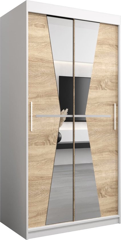 Kast met 2 schuifdeuren in wit mat en sonoma eiken met spiegel details.