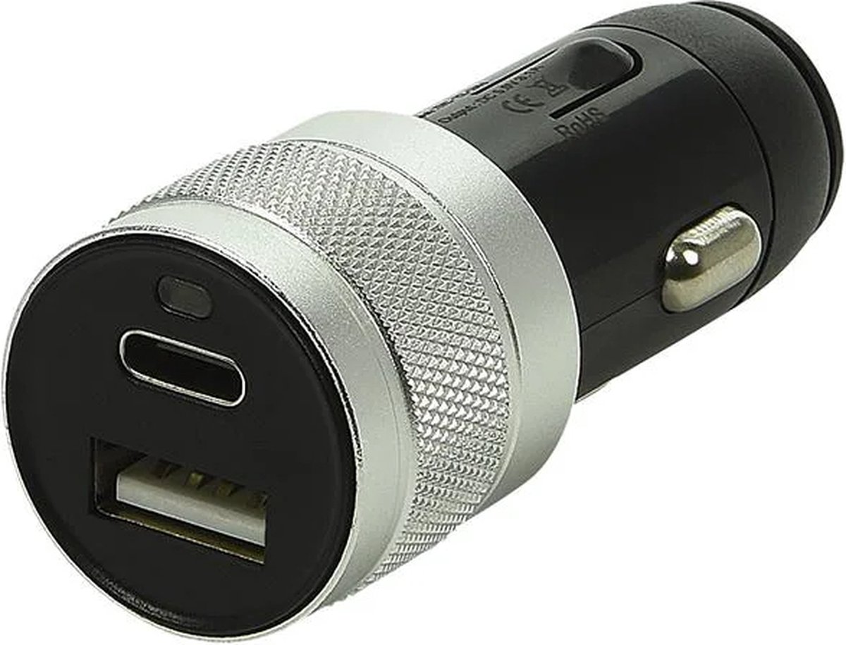 USB-C + USB-A Autolader Telefoonlader Oplader Sigarettenaansteker Grijs