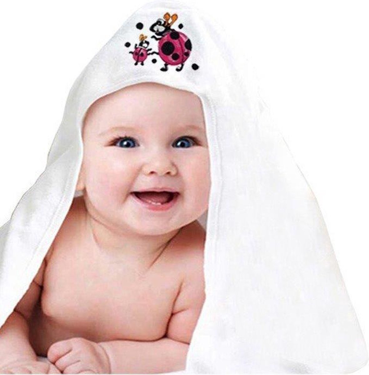 Badcape met capuchon + Baby Handdoeken wit - lieveheersbeestje - 75x75 cm - - 400g.m² 100% katoen