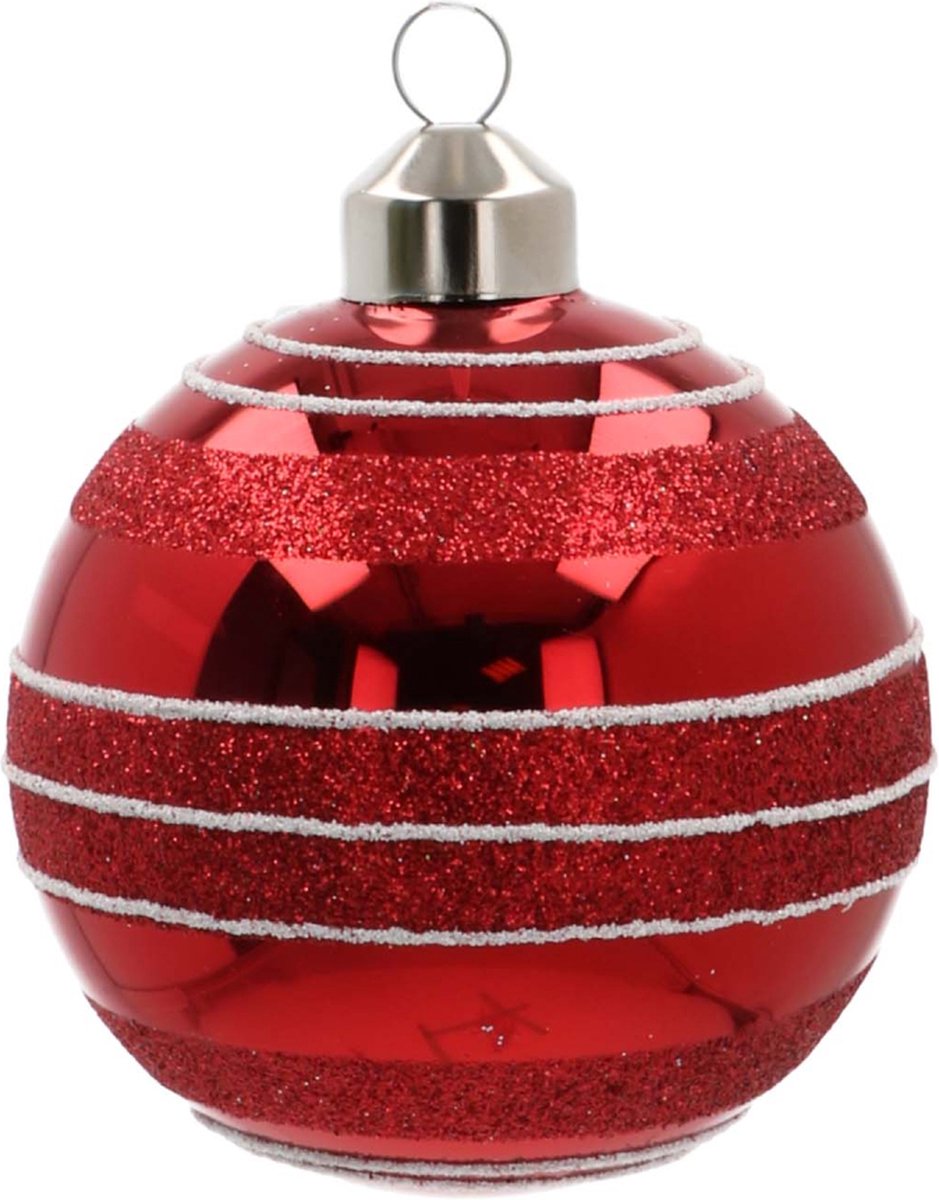 Oneiro's luxe Glazen kerstbal | Kerstrood met lijnen en glitter | 8 cm - kerstbal - luxe verpakking – kerstcollectie – kerstdecoratie – kerstboomhanger – kerstversiering