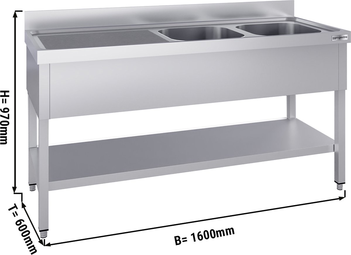 Roestvrijstalen spoeltafel ECO - met bofemplaat - 1,6 m - 2 spoelbakken rechts - L 40 x B 40 x D 25 cm | GGM Gastro