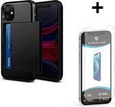 ShieldCase Kaarthouder case met slide geschikt voor Apple iPhone 12 / 12 Pro - 6.1 inch - zwart + glazen Screen Protector