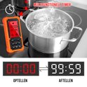 Oranje multifunctie timer en vleesthermometer, gebruikt om te koken met een timer en thermometer.