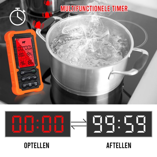 Oranje multifunctie timer en vleesthermometer, gebruikt om te koken met een timer en thermometer.