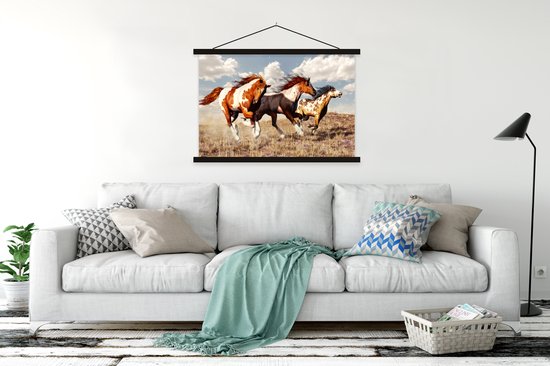 Porte-affiche avec affiche - Affiche scolaire - Paarden - Animaux - Herbe - Fourrure - 150x100 cm - Lattes noires