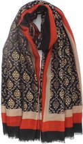 Cataline scarf- Accessories Junkie Amsterdam- Sjaal dames- Lange sjaal- Sjaal voor jas- Viscose- Omslagdoek- Cosy chic- Cadeau- Grafische print- Goud accent-Zwart