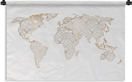 Wandkleed Eigen Wereldkaarten - Wereldkaart goud lijnen lichtgrijs Wandkleed katoen 90x60 cm - Wandtapijt met foto