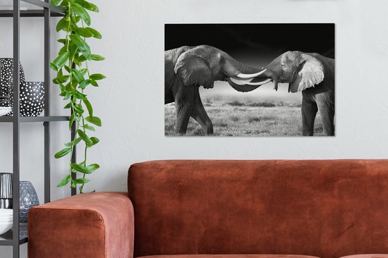 Tableau sur toile - Animaux sauvages - Éléphants - Zwart - Wit - Salon - 90x60 cm - Décoration murale - Décoration de la maison