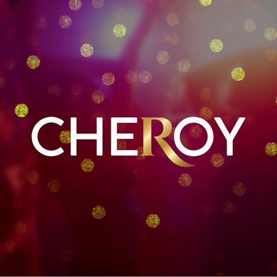 Logo Cheroy avec un 'R' doré sur un fond rouge-violet avec des effets bokeh.