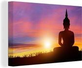 Canvas - Buddha beeld - Silhouette - Zonsondergang - Spiritueel - Schilderijen woonkamer - Canvas schilderij - Canvasdoek - 120x80 cm - Wanddecoratie