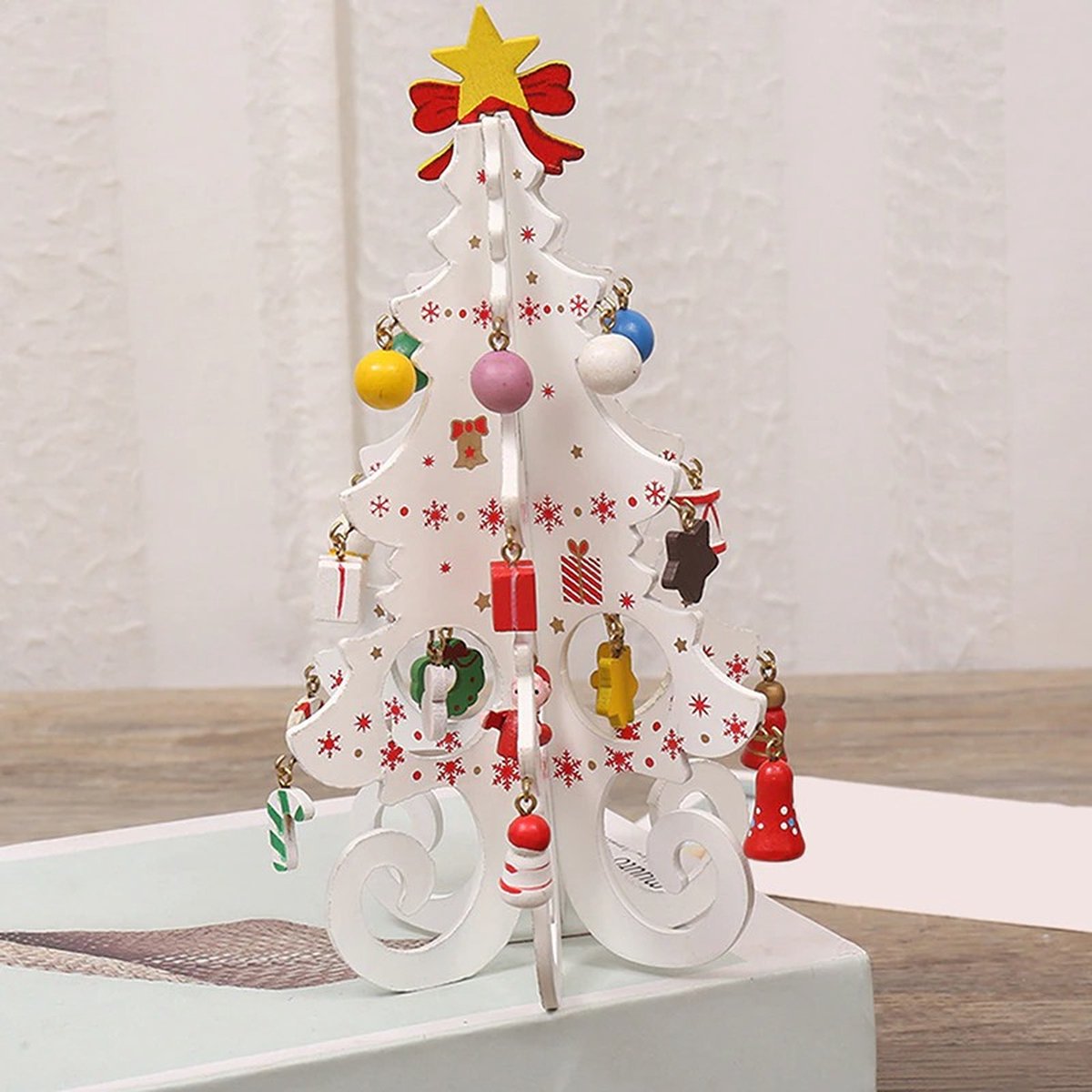 Houten Kerstboom Met Versiering | Wit | Kerst Decoratie | Kerst Versiering