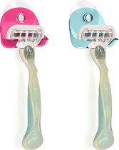 kwmobile 2x zuignaphouder voor scheermes - Geschikt voor glas en tegels - Houder met zuignap in lichtblauw / roze / transparant