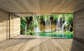 Fotobehangkoning - Fotobehang - Vliesbehang - Behang - Uitzicht op de Watervallen vanuit het Raam 3D - 104 x 70,5 cm