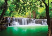 Fotobehangkoning - Fotobehang - Vliesbehang - Behang - Magische Waterval in de Jungle - 416 x 254 cm