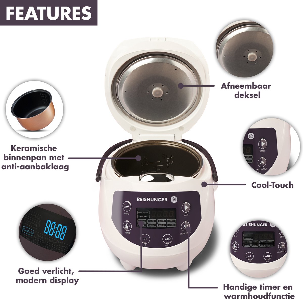 Reishunger Digitale Mini Rijstkoker in Zwart - Multicooker met 8 programma's, stoominzet, premium binnenpan, timer en warmhoudfunctie - Rijst voor maximaal 3 personen – foto 7