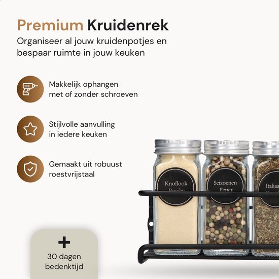 Cong.Lai Kruidenrek voor aan de muur, 4-delige metalen kruidenorganizer, kruidenrek zonder boren, hangend kruidenhouder, zelfklevend en schroefmontage voor keukenwand/kastdeur (zwart