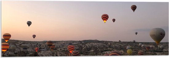 WallClassics - Acrylglas - Luchtballonnen boven Bergachtig Landschap - 90x30 cm Foto op Acrylglas (Met Ophangsysteem)