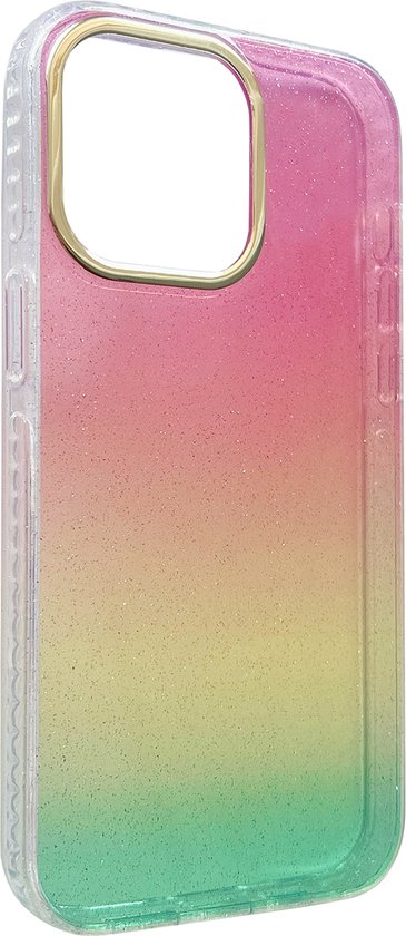 Apple iPhone 14 Pro Case Pink & Yellow - Siliconen Glitter -en-ciel à paillettes Extra robuste