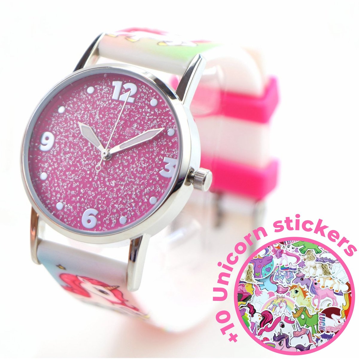 Horloge Unicorn glitter – voor meisjes – Analoog kinderhorloge + 10 Unicorn stickers – roze Eenhoorn AW01