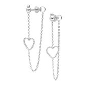 Zilveren oorbellen | Chain oorbellen | Zilveren oorstekers met chain, met gedraaid hart