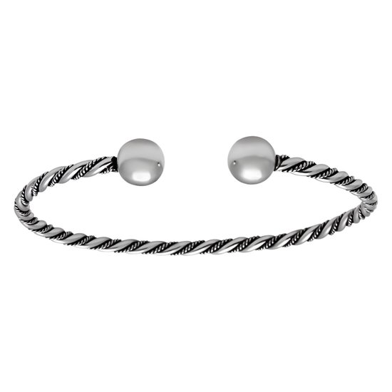 Zilveren armband vrouw | Zilveren bangle armband met gedraaide band en bolletjes