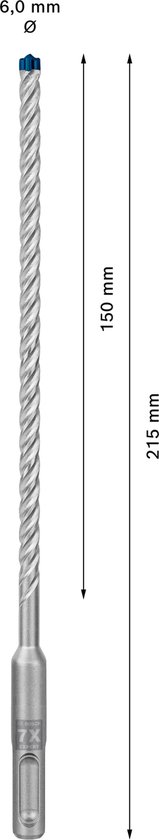 Een SDS plus-7X boor van 6 mm diameter, 150 mm werklengte en 215 mm totale lengte