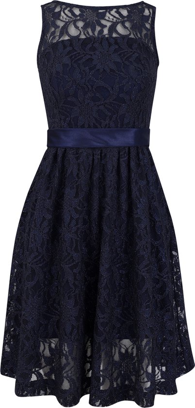 La V  bloemenkant jurk met V hals achterkant Donkerblauw 170