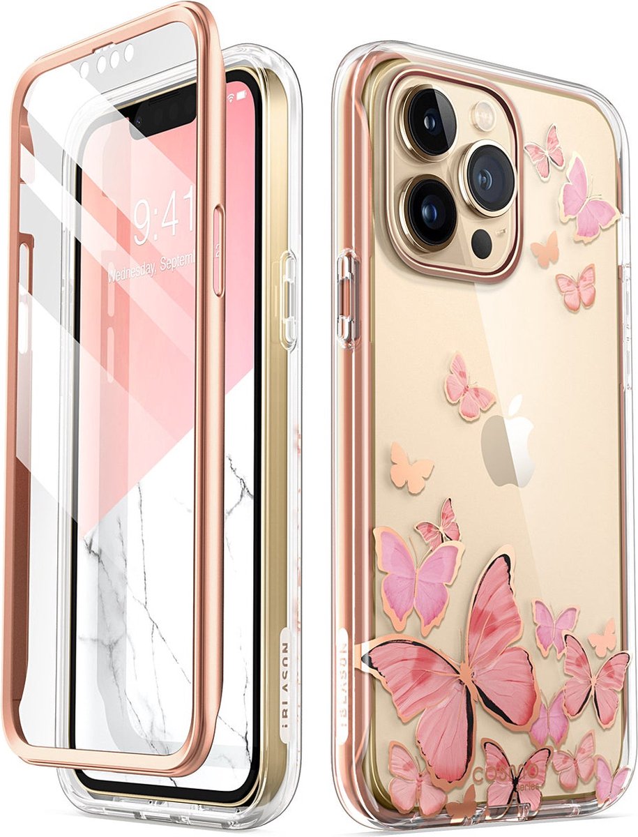 COSMO 360° Backcover Hoesje Met Screen Protector iPhone 13 Pro - Roze Vlinders