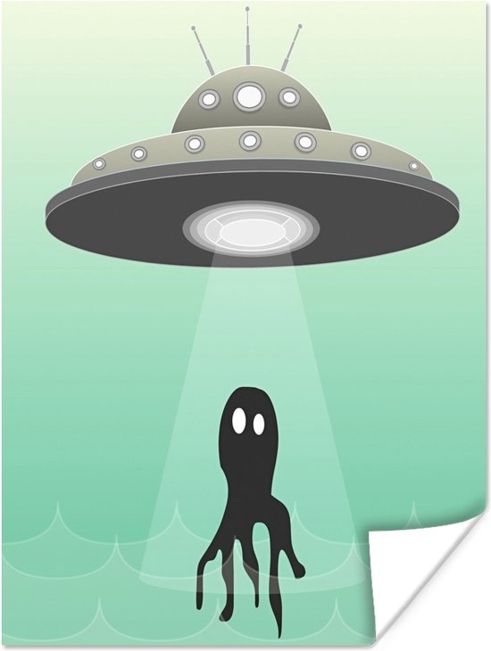 Poster Een illustratie van een UFO die een octopus ontvoeren - Jongens - Meisjes - Kinderen - Kids - 60x80 cm
