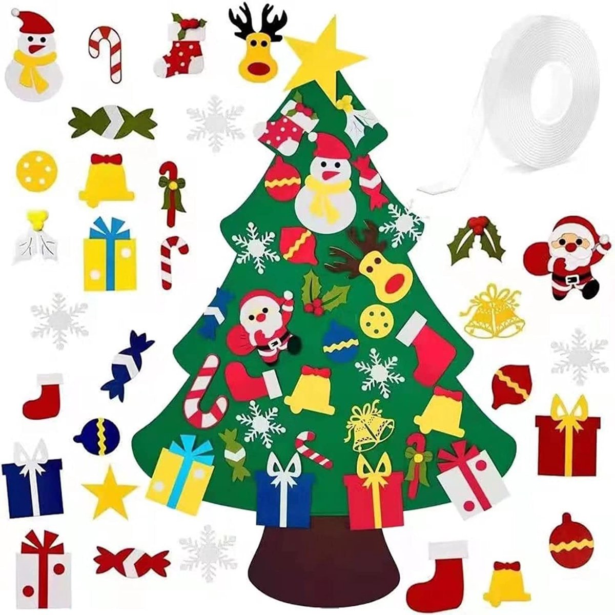 Vilten kerstboom, 8 m DIY vilten decoratieve kerstboom voor kinderen, met 30 afneembare ornamenten, vilten kerstboom voor thuis/muur, hangende decoratie (met dubbelzijdig plakband)