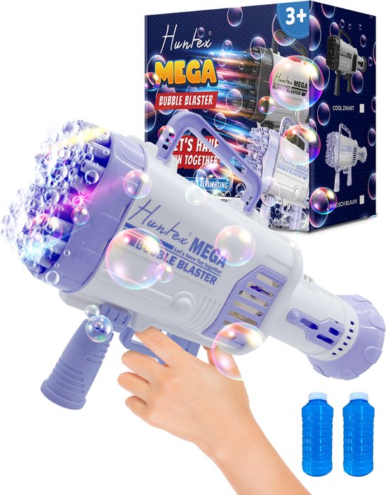 Huntex Mega Bubble Blaster - XXL 64 Holes Blauw - Met Led-Verlichting - Extra Bellenblaas Navulling - Bellenblaas Pistool - Machine - Bruiloft - Groot - Bubble gun