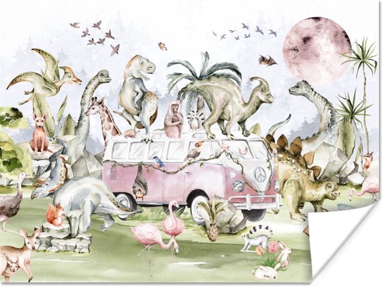 Poster Dinosaurus - Volkswagen Bus - Kinderen
