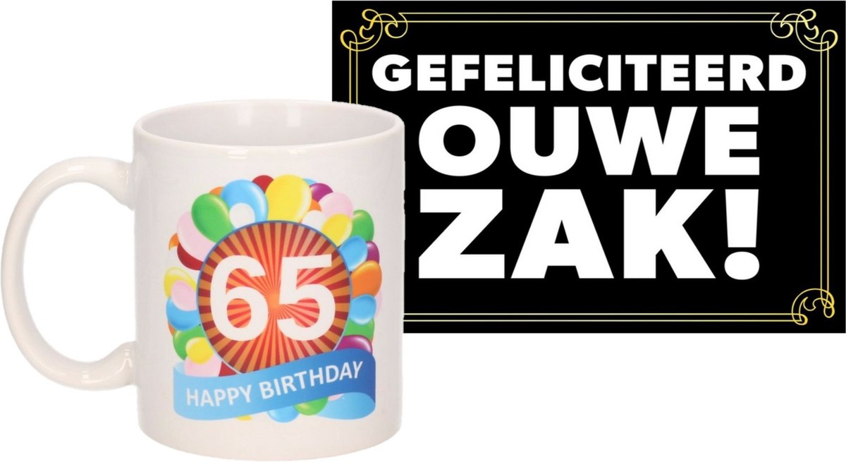 Verjaardag cadeau mok/beker 65 jaar print 300 ml + A5-size wenskaart ouwe zak