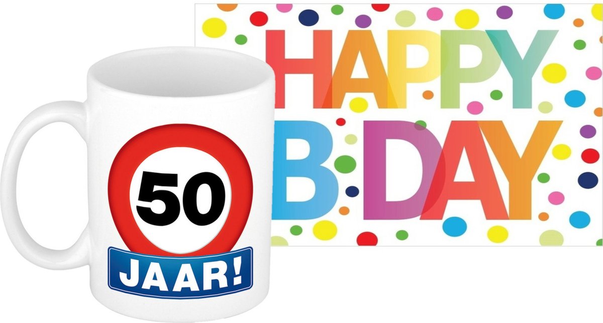 Verjaardag cadeau mok/beker 50 jaar print 300 ml + A5-size wenskaart Happy Birthday