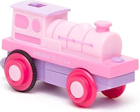 Roze en paarse speelgoedtrein met rode wielen.