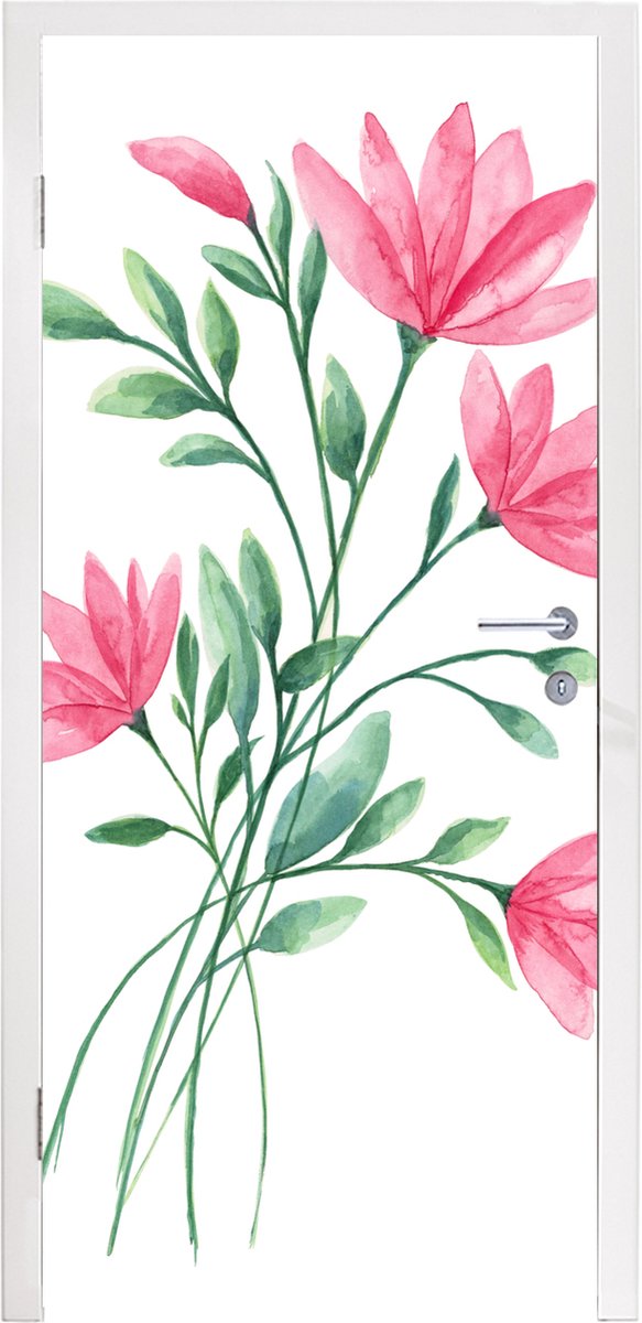 Deurposter 90x205 cm - Deursticker Bloemen - Waterverf - Roze - Meubelfolie zelfklevend - 