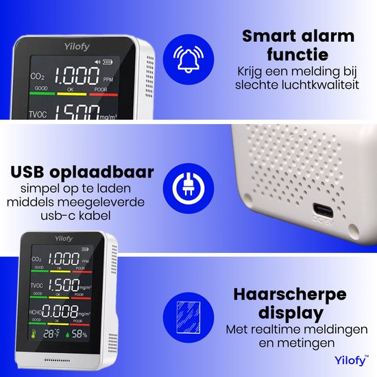 YILOFY Professionele 5 in 1 Luchtkwaliteitsmeter met Alarm - CO2 Meter - Scholen - Horeca - Hygrometer - Draagbaar LCD Scherm Monitor CO2 - Luchtvochtigheidsmeter Sensor - Melder - Temperatuur - Thermometer - Oplaadbaar + USB Kabel