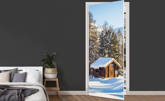 Sticker pour porte Cabane dans les montagnes suisses en hiver - 80x205 cm - Affiche de porte