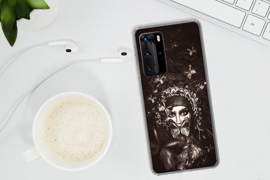 Convient pour coque Huawei P40 Pro - Femme - Papillon - Zwart - Wit - Coque de téléphone en Siliconen