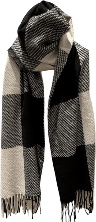 ASTRADAVI Winter Sjaals - Sjaal - Warme en Zachte Unisex Omslagdoek - Lange Tassel Sjaal 190x70 cm - Geruit - Zwart, Wit