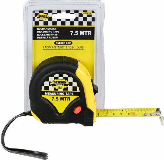 Benson meetlint 7.5M in plastic verpakking. De rol is geel en zwart met 'Rubber Grip'.