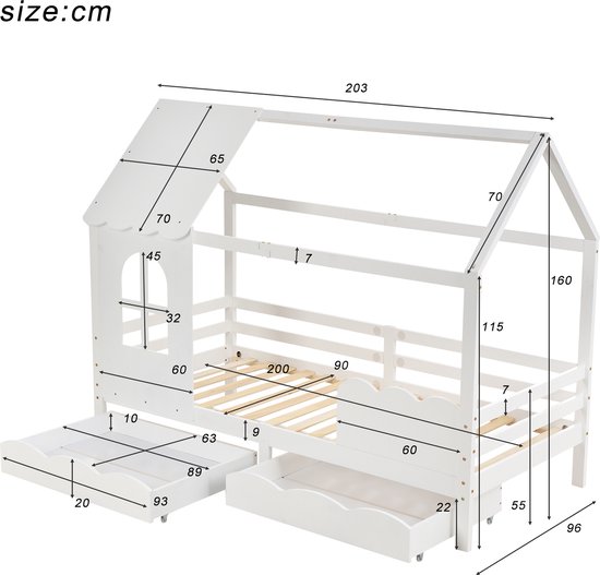 Grondbed 90x200 cm, kinderbed 120x200, massief houten bed met