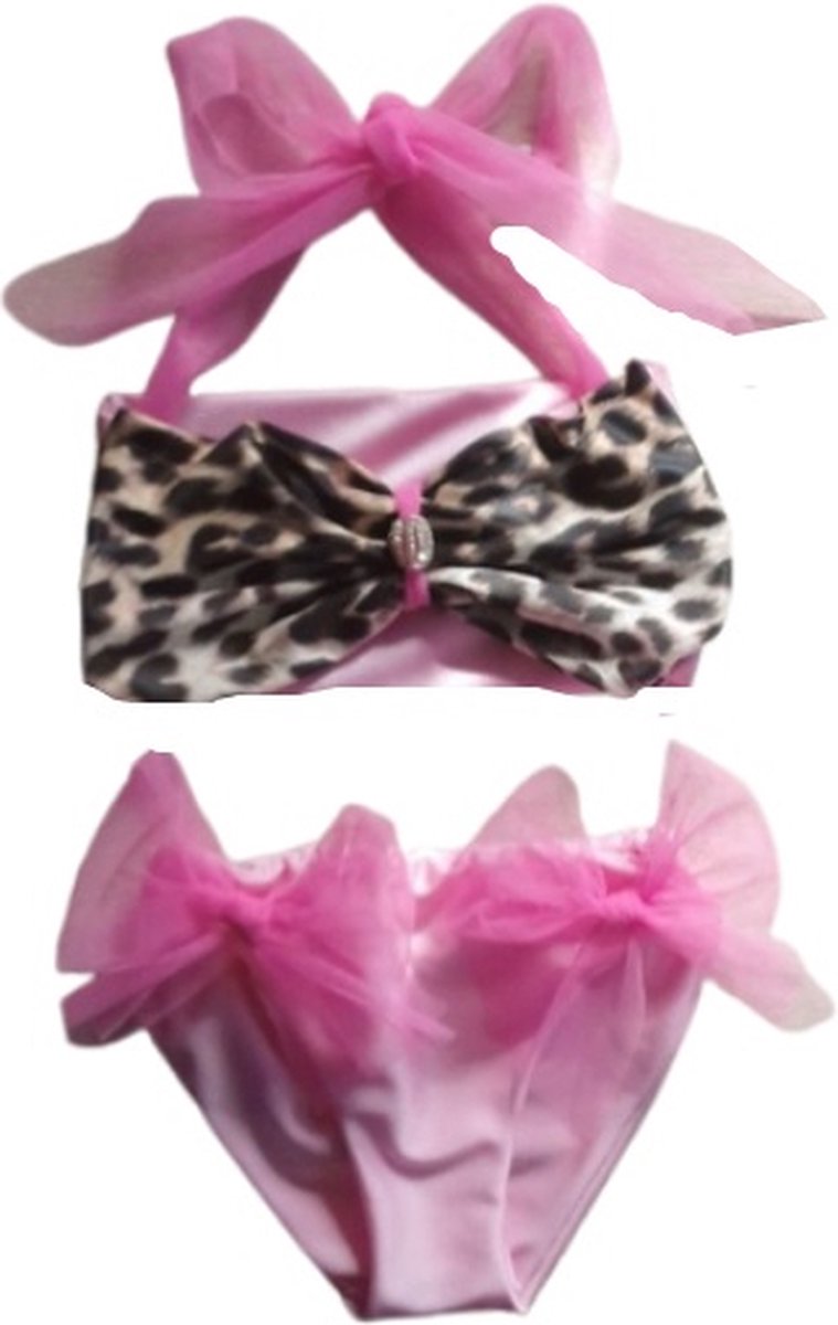 Maat 158 Bikini roze strikjes Dierenprint panterprint badkleding baby en kind zwemkleding