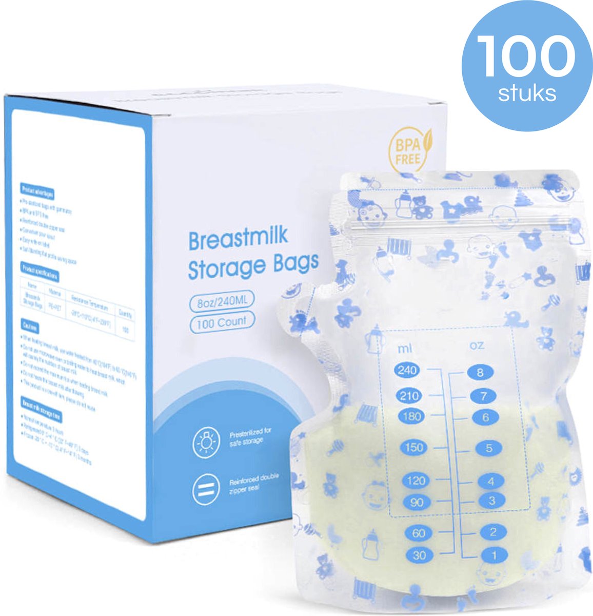 Jomek Moedermelk Bewaarzakjes - Borstvoeding - Bewaarzakje - Zakjes - 240ML - 100 Stuks - BPA Vrij - Jomek
