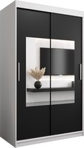 InspireMe - Kledingkast met 2 schuifdeuren, Modern-stijl, Een kledingkast met planken en een spiegel (BxHxD): 120x200x62 - TRINA 120 Wit Mat + Zwart met 2 lades