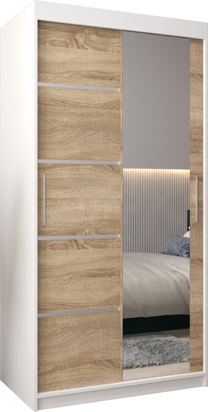 InspireMe - Kledingkast met 2 schuifdeuren, Modern-stijl, Kledingkast met planken (BxHxD): 100x200x62 - VENTILA II 100 Wit Mat + Sonoma Eik
