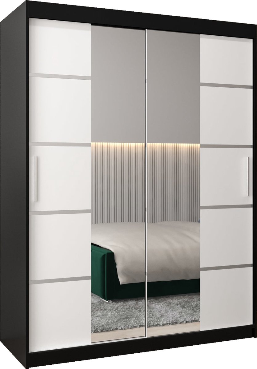 InspireME Kledingkast met 2 schuifdeuren, Modern-stijl, Kledingkast met planken (BxHxD): 150x200x62 - VENTILA IV 150 Zwart Mat + Wit Mat